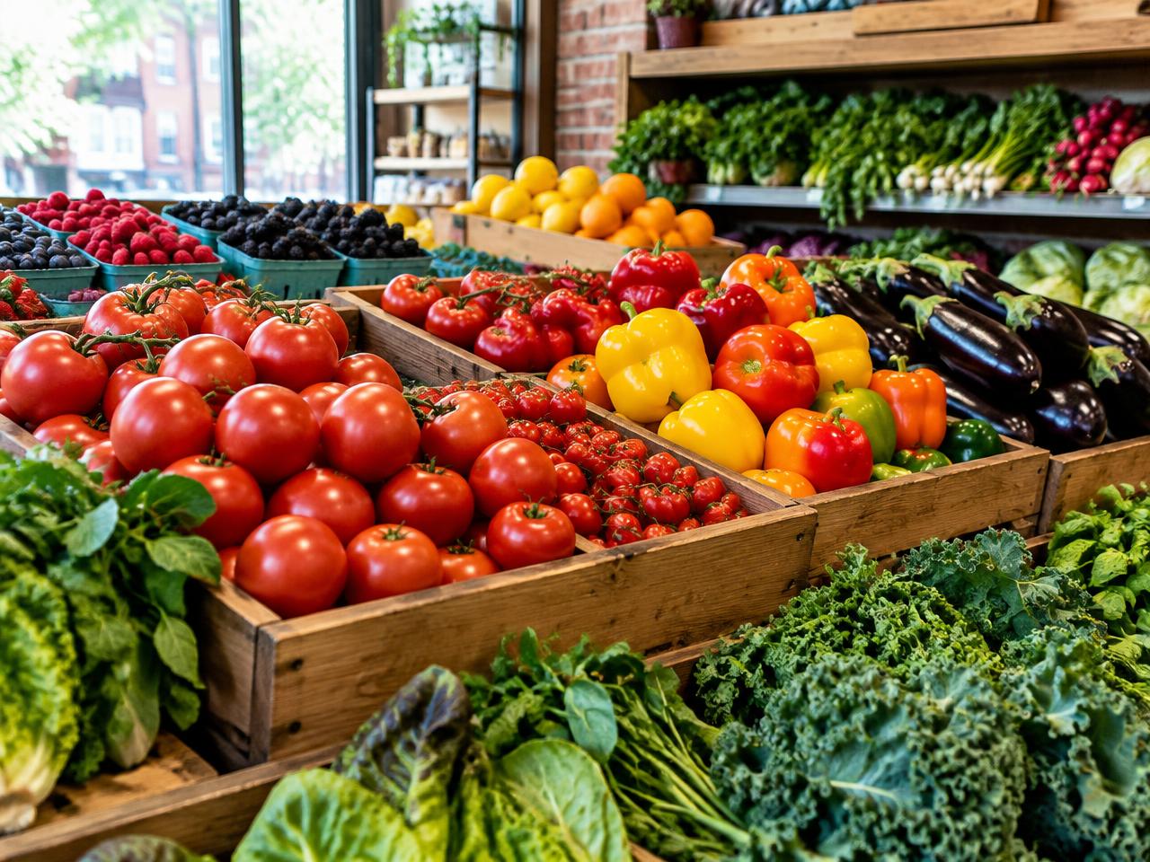 Colorful tomatoes, peppers, berries, and greens in supermarket produce crates