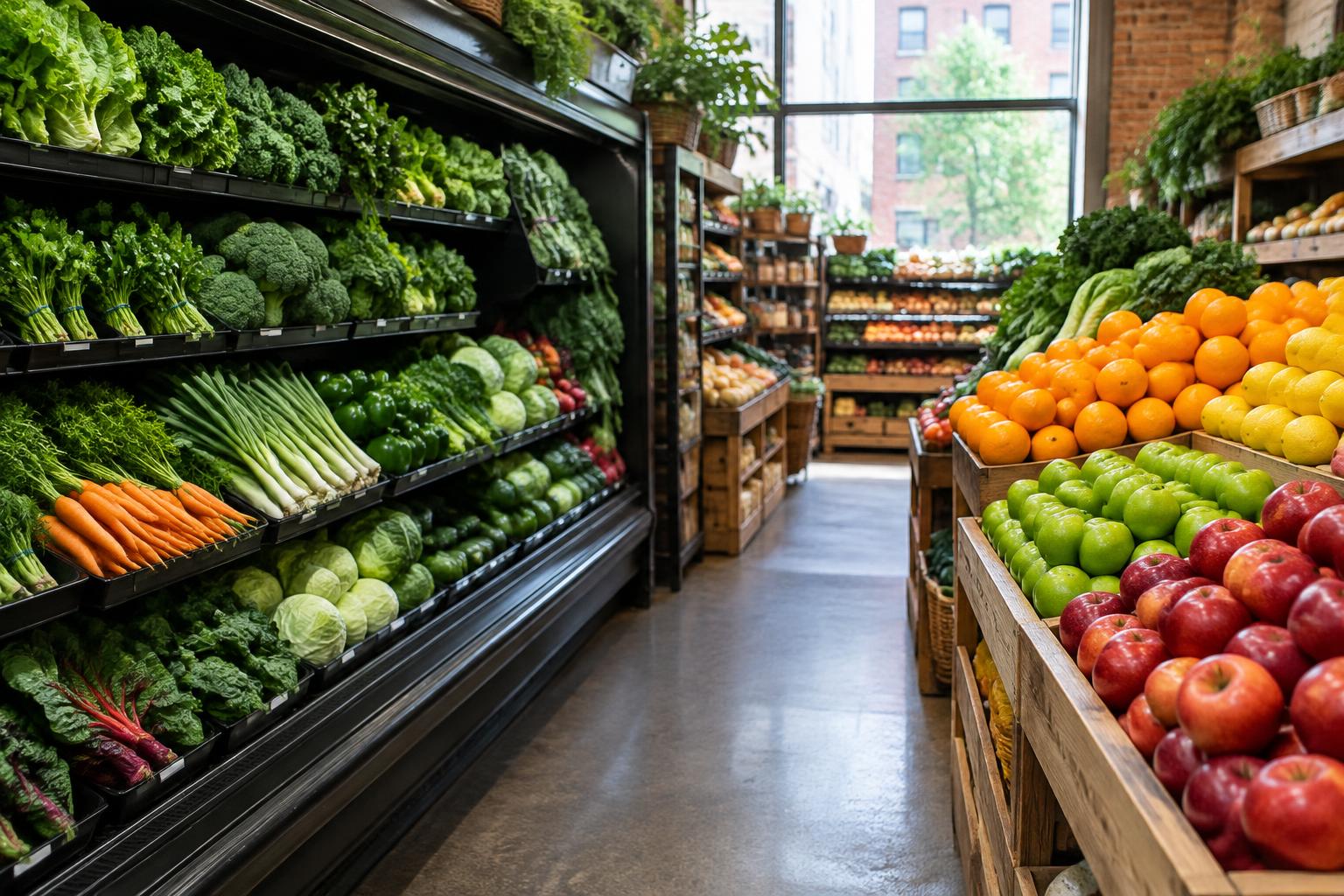 Fresh apples, citrus, and leafy vegetables on supermarket shelves